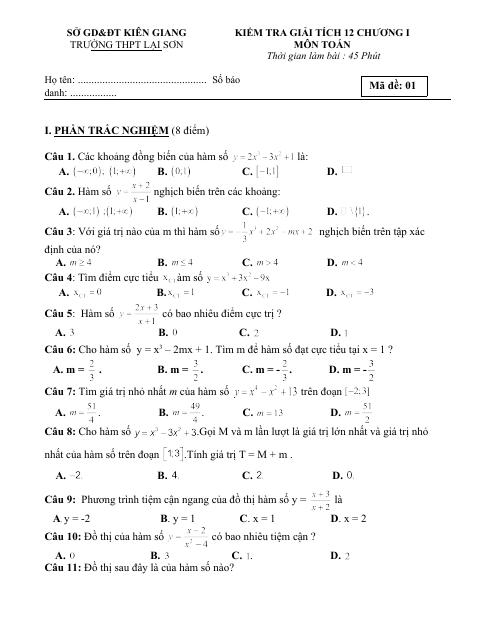 Đề kiểm tra Giải tích 12 chương 1 năm 2018 – 2019 trường THPT Lại Sơn – Kiên Giang (bản Word)